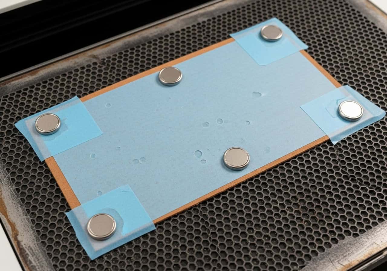 A piece of leather being prepared for lasering: it is masked with transfer tape and held flat on the laser bed with magnets.