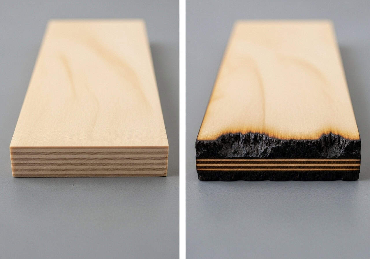 A side-by-side comparison of a wood cut with a clean edge (good air assist) and one with a dark, charred edge (poor air assist).