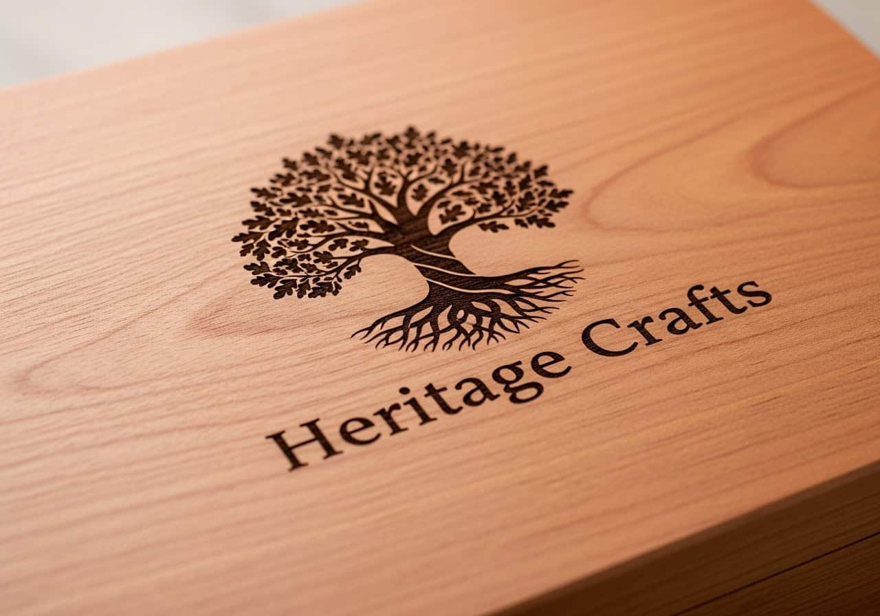 A close-up shot showing the clean, detailed engraving of a logo on a cherry wood box.
