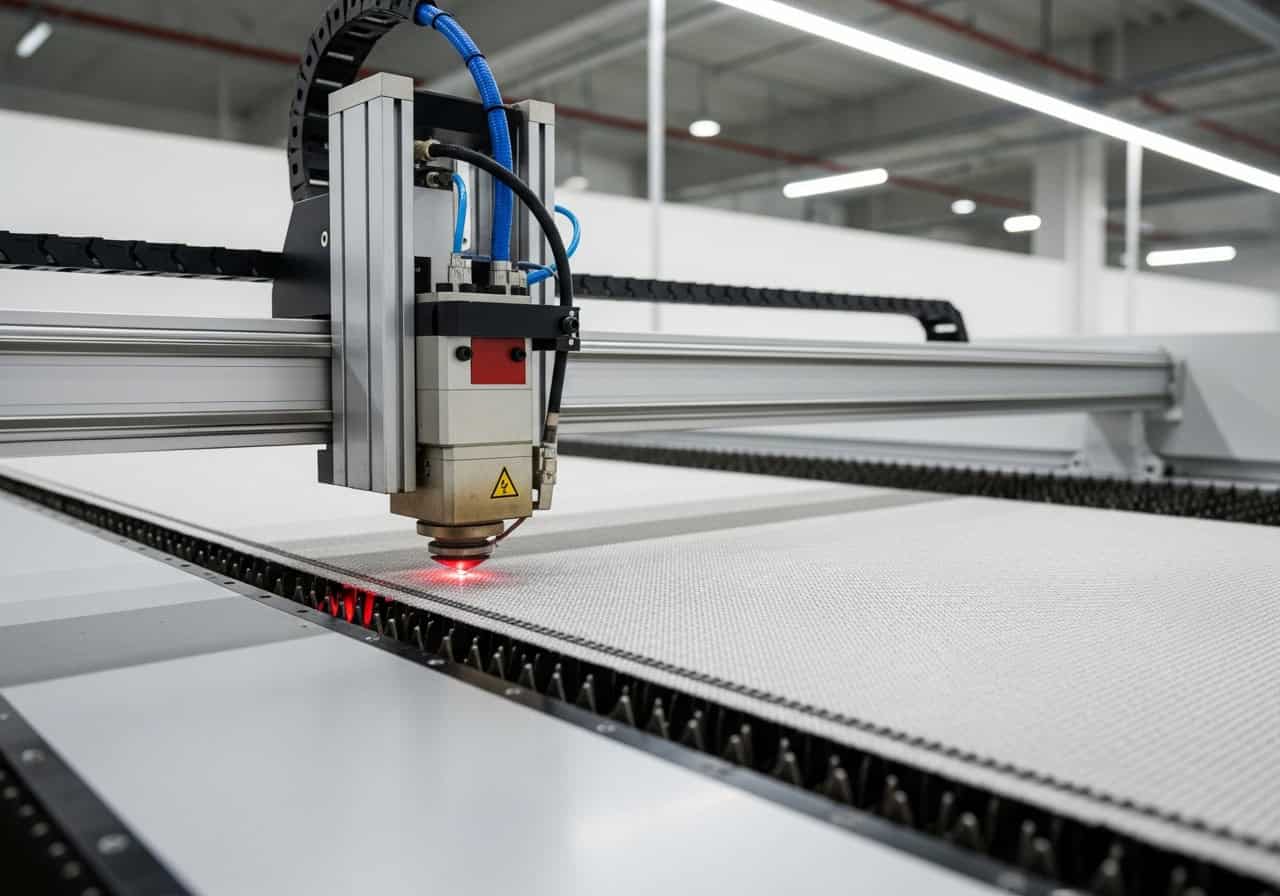 A close-up macro shot of a laser-cut filter cloth edge, showing the clean, melted and sealed bead, next to a frayed, knife-cut edge