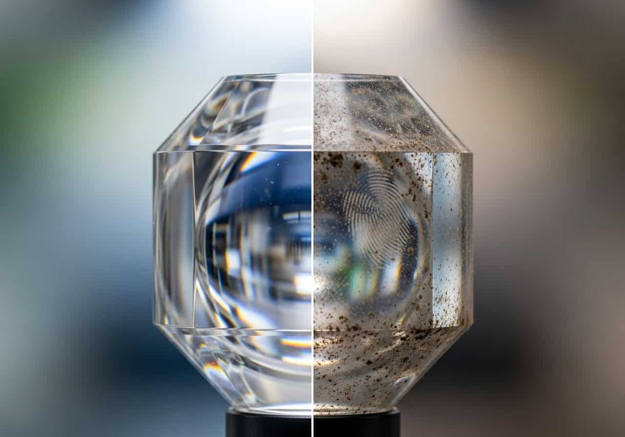 Clean vs. Dirty Laser Lens A split-image showing a clean, clear laser lens on one side and a cloudy, damaged lens coated in residue on the other.