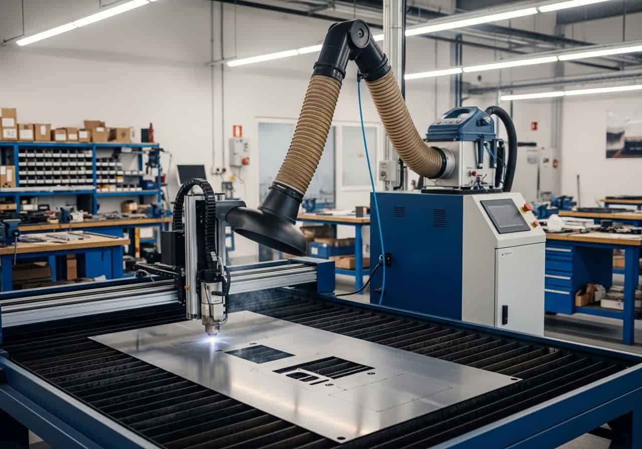 Fume Extractor Machine in Use A professional fume extractor machine operating next to a laser cutter in a clean workshop.