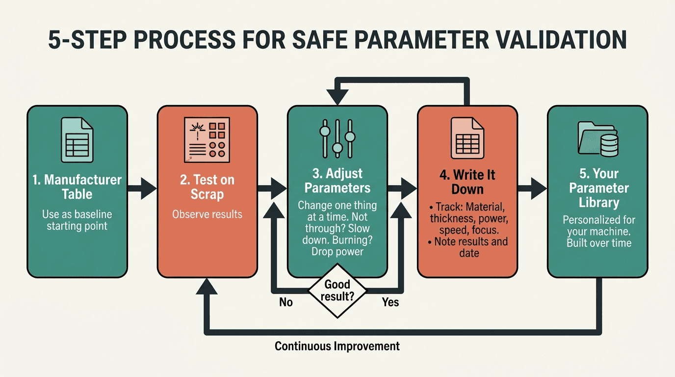 Five-step process for validating CO₂ laser cutting parameters and building a settings library