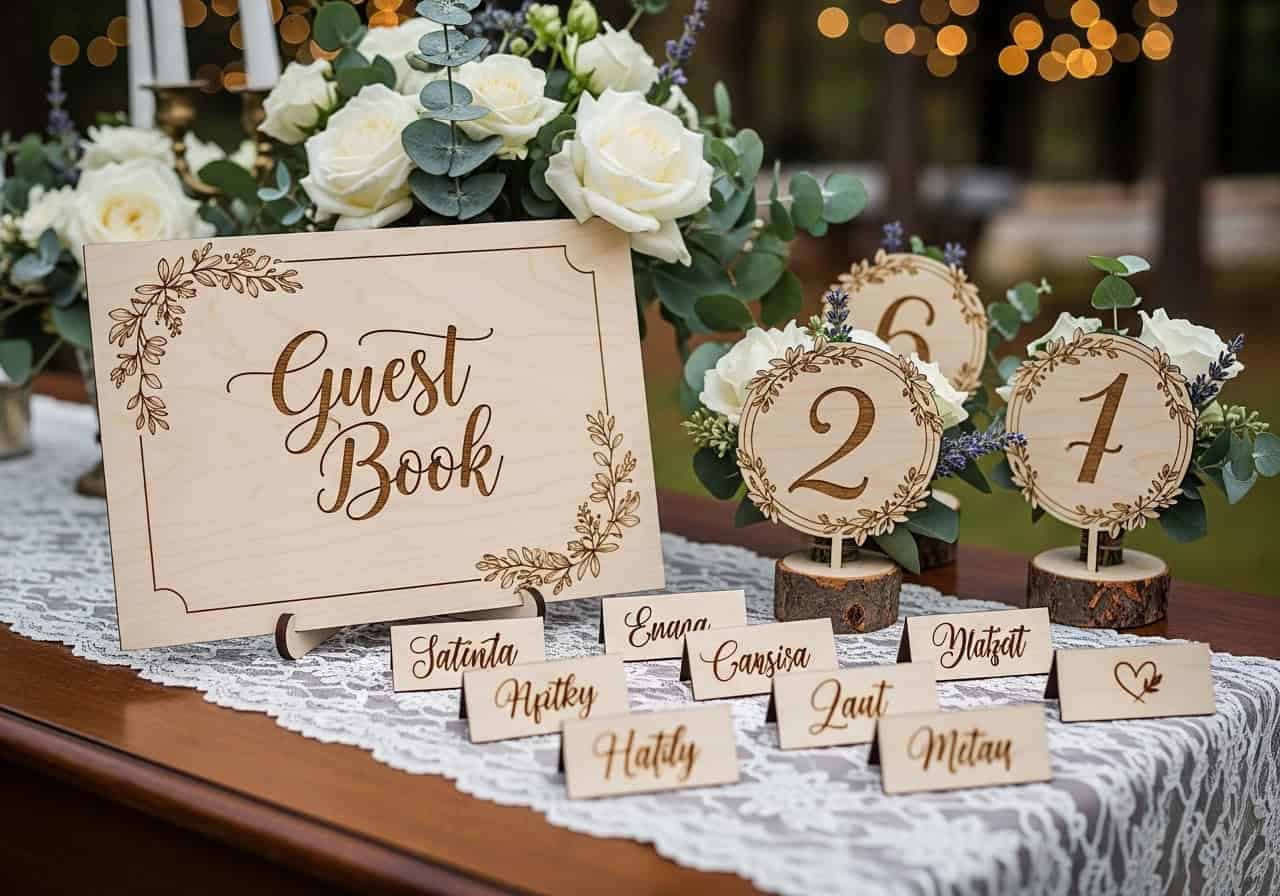 A beautiful wedding scene featuring laser-engraved items: a wooden "guest book" sign, table numbers, and personalized place cards.