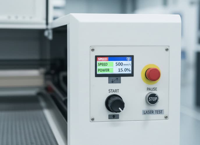 Control panel of a laser cutter showing settings for engraving canvas: high speed and low power.