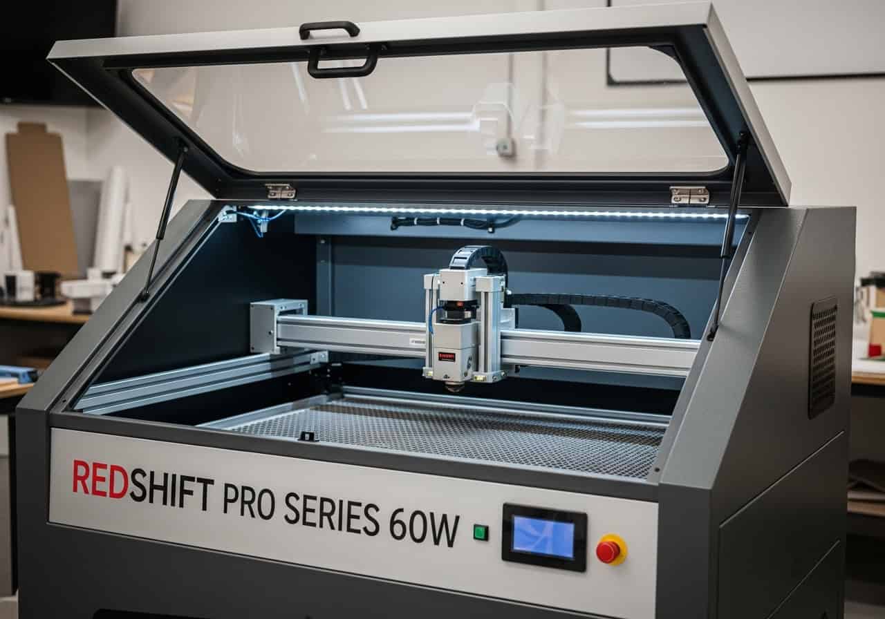 The Redshift Pro Series 60W laser cutter, shown with its lid open to display the workbed and laser head.