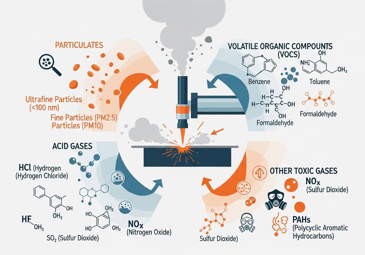 Safety Hazards of Laser Fumes A graphic illustrating the different types of harmful particles and gases released during laser cutting.