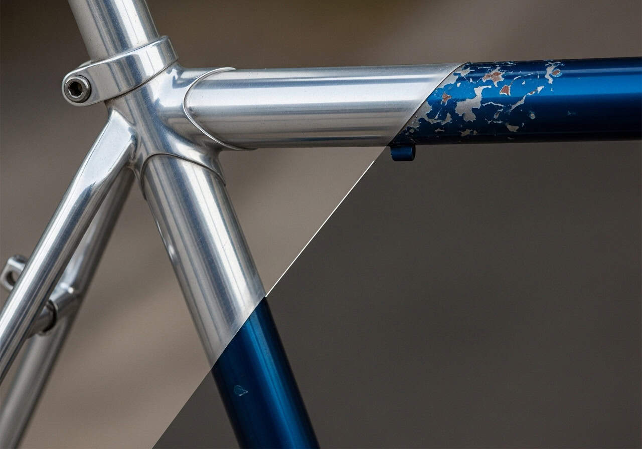 A picture of a partially cleaned aluminum bike frame, showing the stunning contrast between the old painted side and the bare, cleaned aluminum