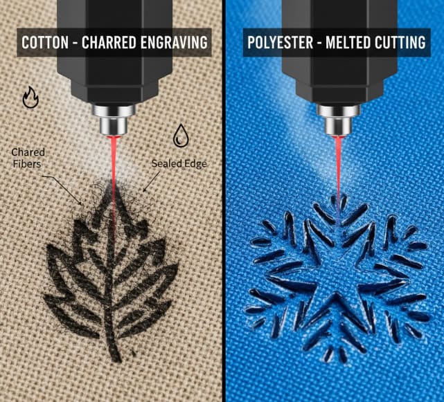 Infographic showing the difference between a laser charring cotton and melting polyester fibers.