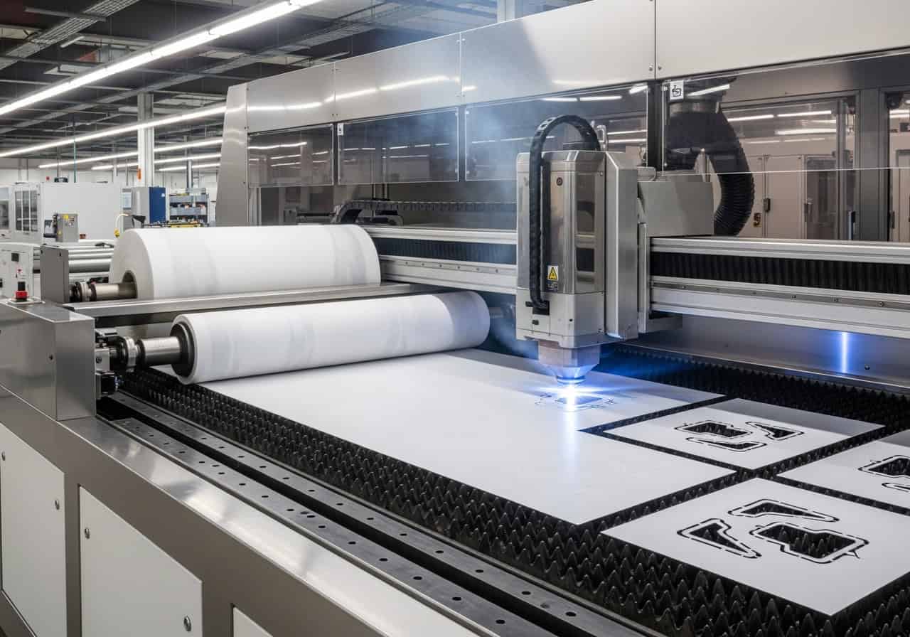 A large-format Redshift laser cutting machine with a conveyor bed, demonstrating automated cutting of filter cloth from a roll