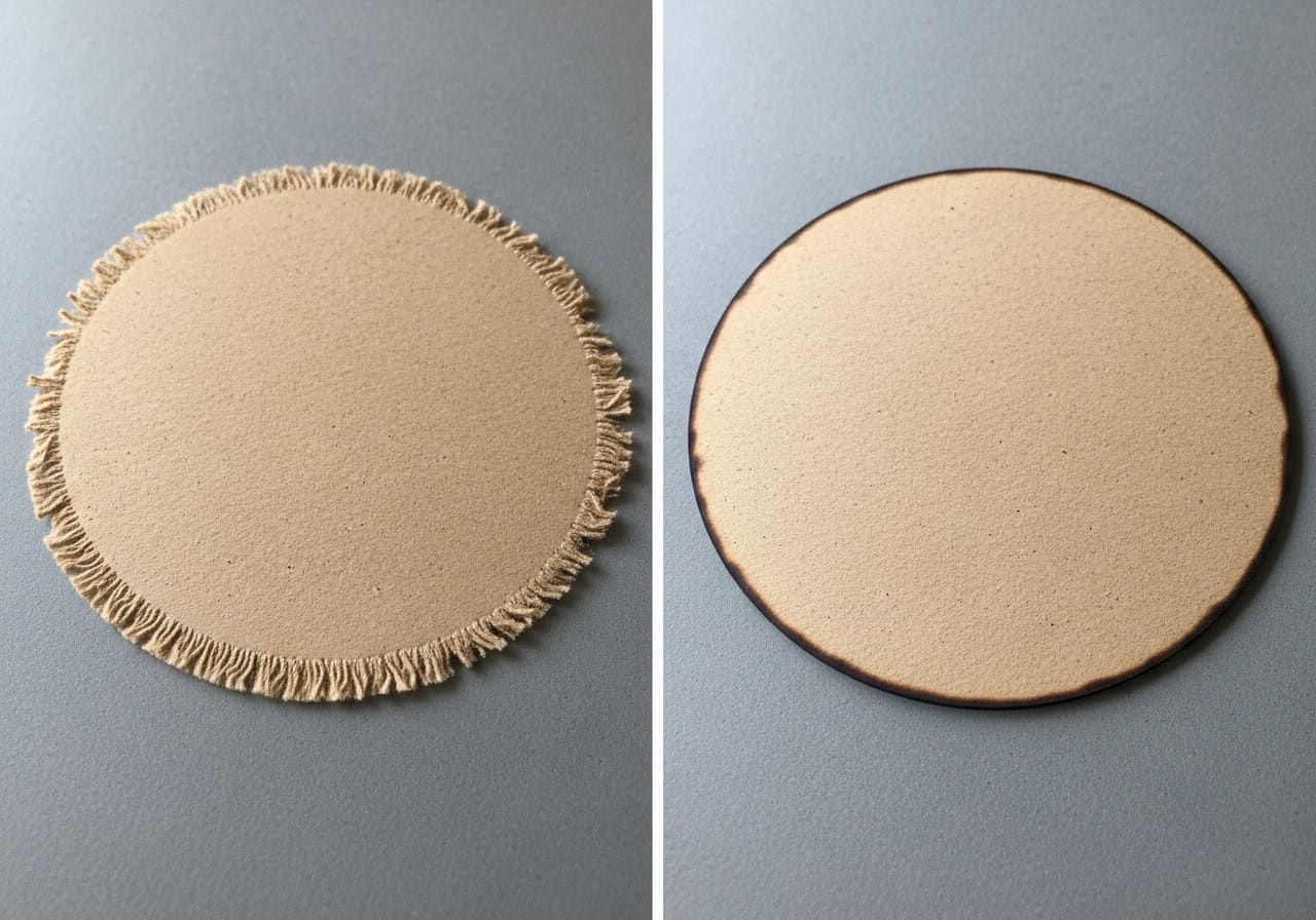 A side-by-side comparison image: a frayed, fuzzy edge of a die-cut coaster next to a clean, solid edge of a laser-cut coaster