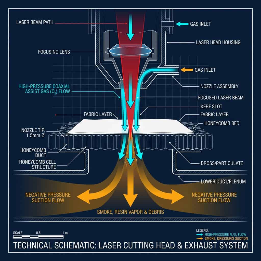 Coaxial air assist nozzle and downdraft negative pressure exhaust airflow diagram