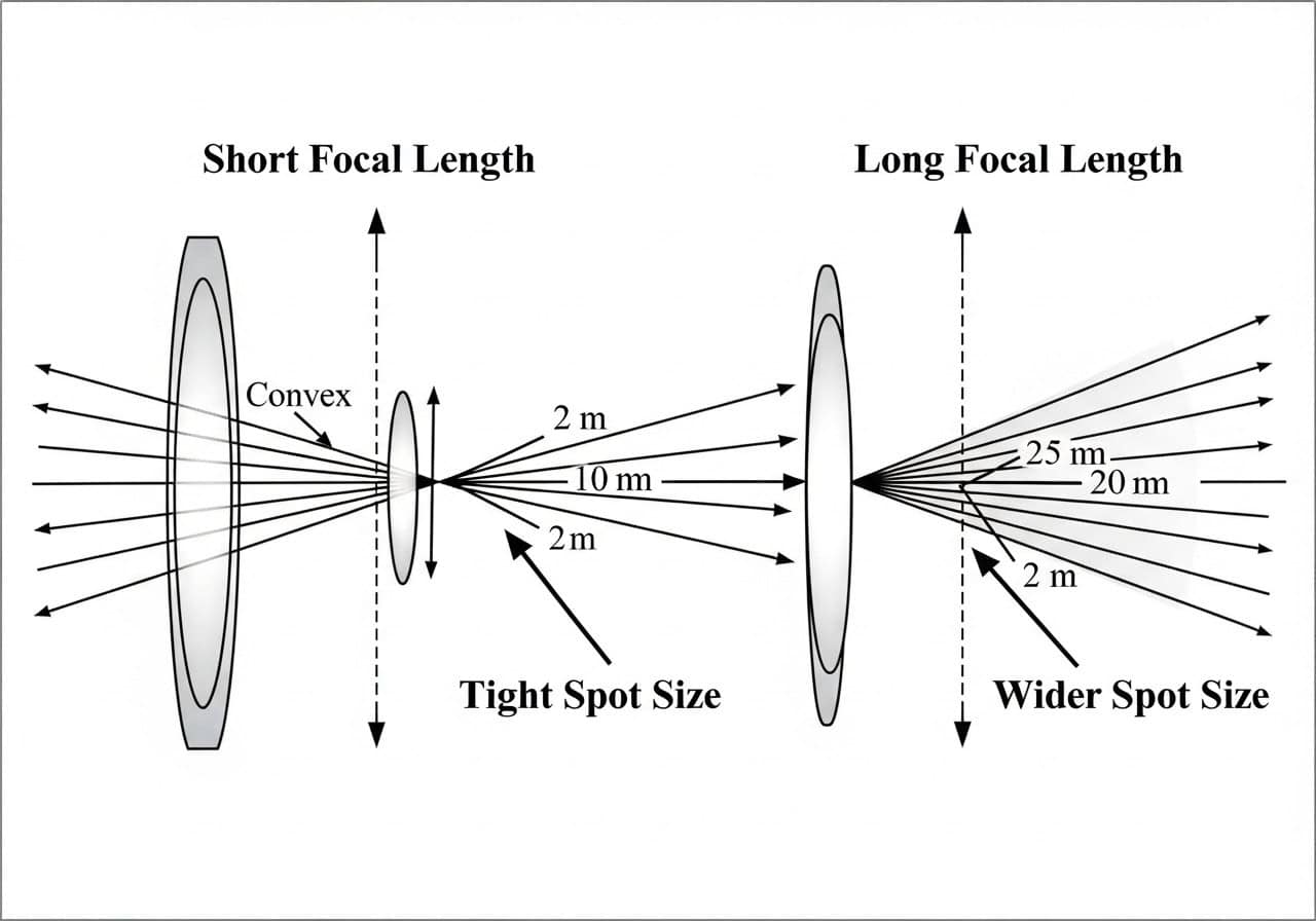 A diagram comparing a short focal length lens with a tight spot size to a long focal length lens with a wider spot size.