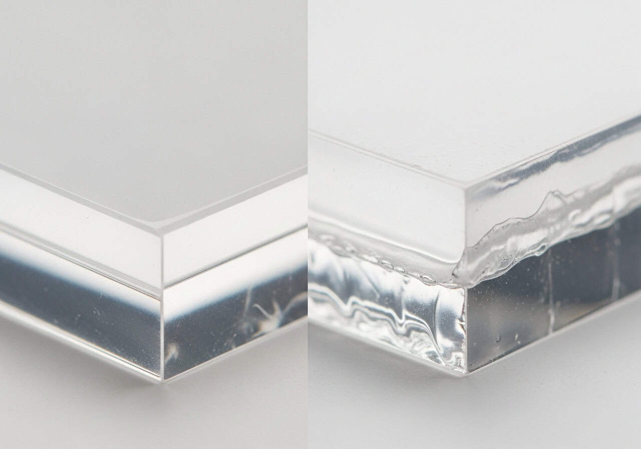 Cast vs. Extruded Acrylic Laser Cut Edge A side-by-side comparison of a cast acrylic laser-cut edge (smooth, glossy) and an extruded acrylic edge (raised, gummy)