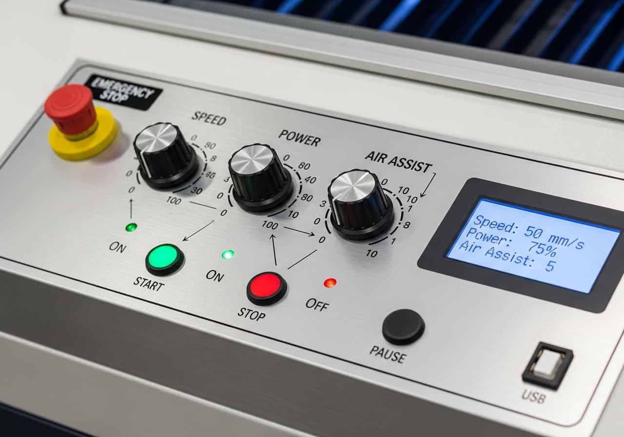 A control panel of a laser cutter showing adjustments for Speed, Power, and Air Assist.