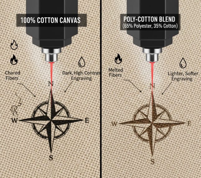 Side-by-side comparison of laser engravings on 100% cotton canvas and a poly-cotton blend.