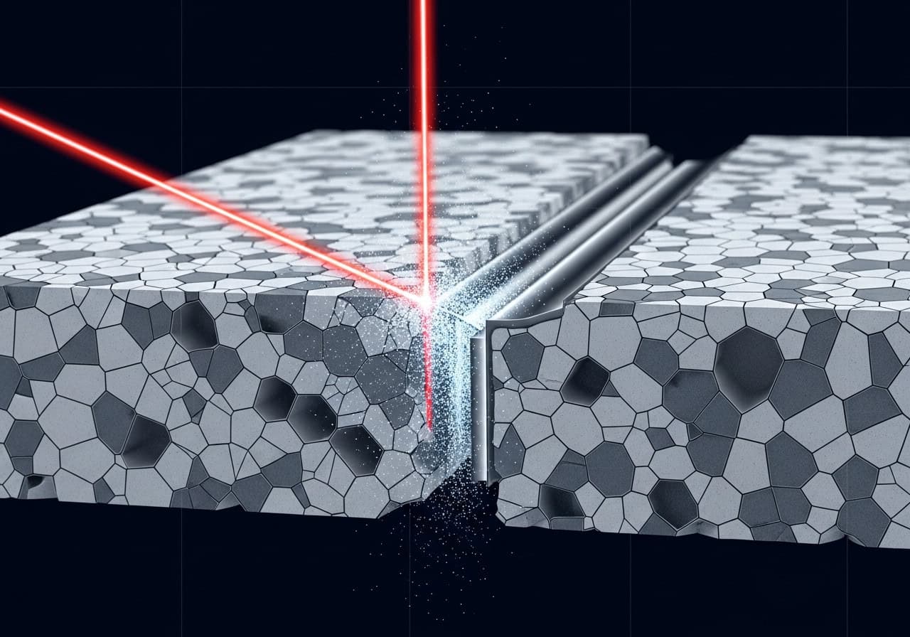 An animated diagram showing a focused laser beam vaporizing foam cells and sealing the edges of the cut