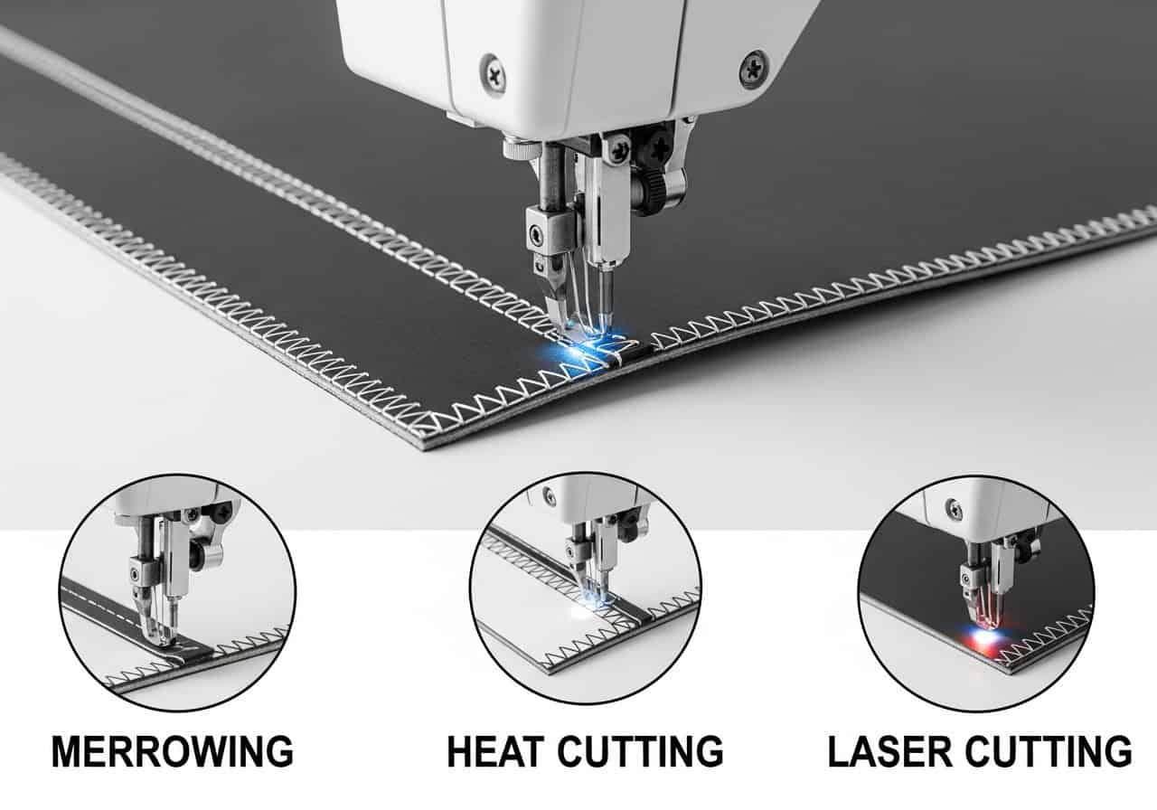 A close-up comparison of three patch edges: a thick merrowed stitch, a melted heat-cut edge, and a clean laser-sealed edge