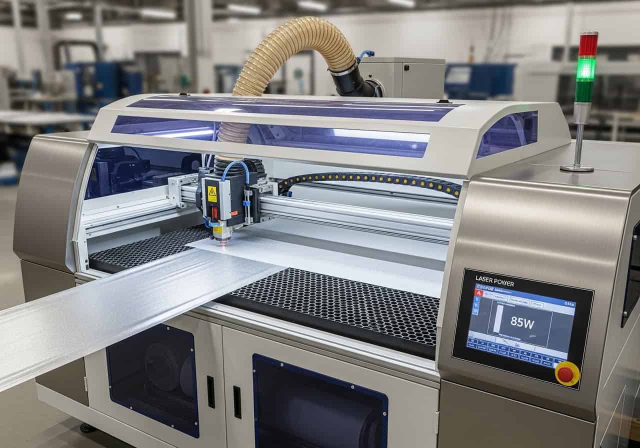 A wide-view of a laser cutter with a honeycomb bed, pass-through doors, and an automatic fabric feeding system at the back.