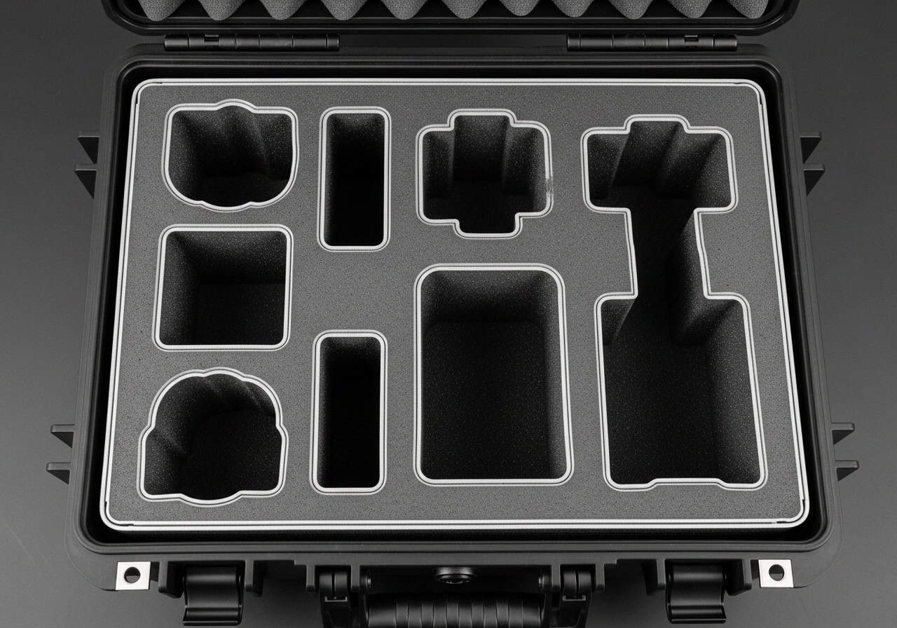 A properly laser-cut polyethylene foam insert with clean, sealed edges inside a Pelican case