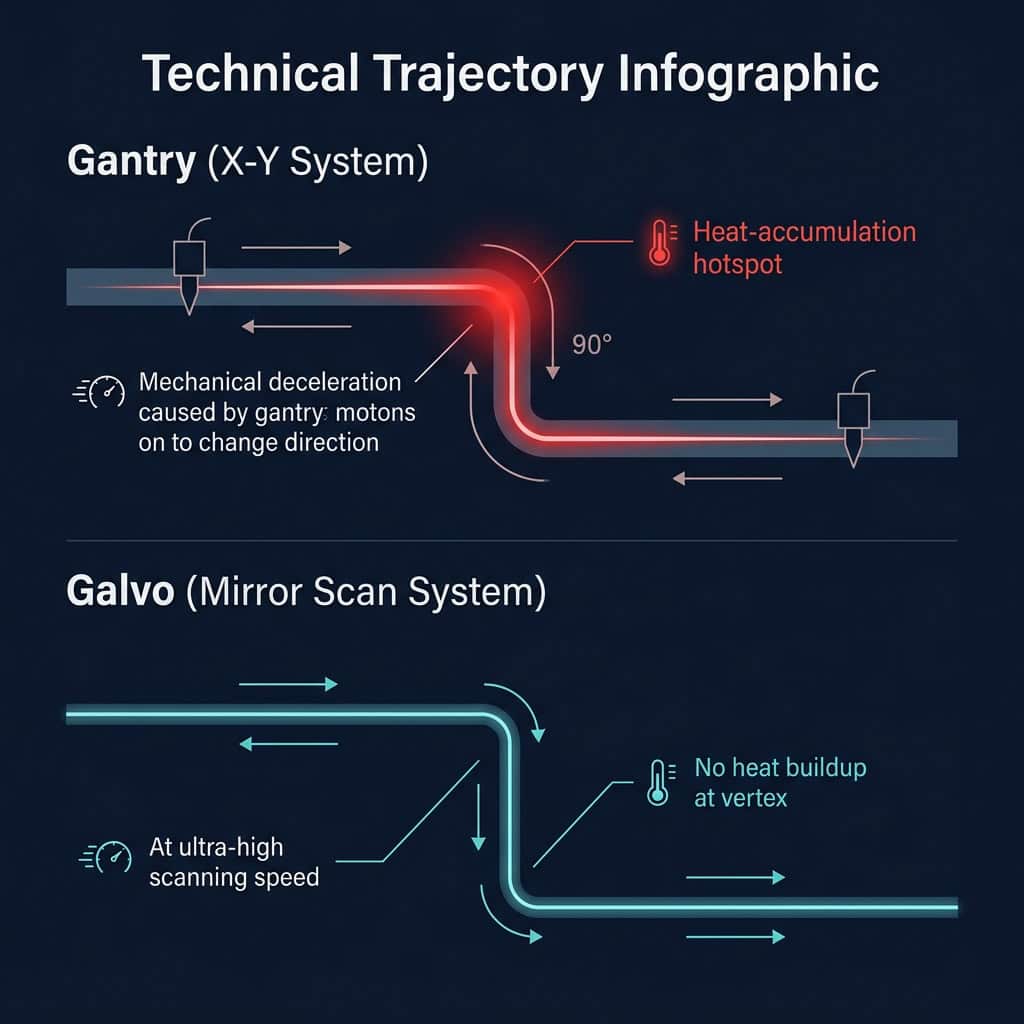 Gantry inertia corner deceleration vs Galvo scanning trajectory comparison