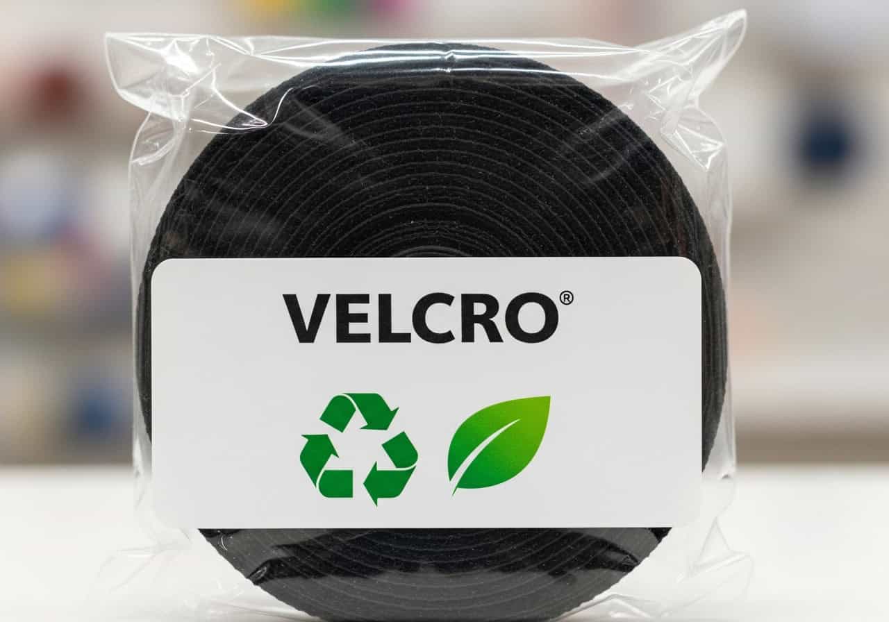 An image showing a roll of Velcro with a recycling symbol and green leaf icon on the packaging.