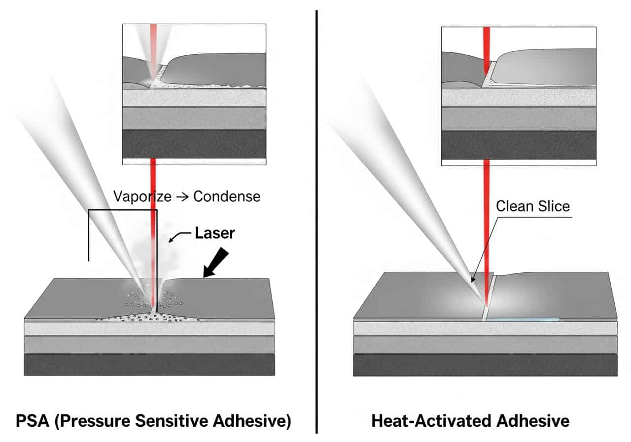 A diagram showing the laser cutting process: on PSA it creates a "Vaporize -> Condense" cycle, on Heat-Activated it shows a clean slice.
