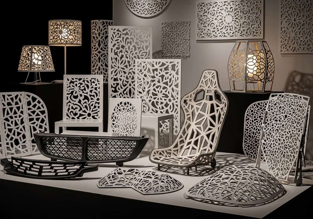 Applications of Laser-Cut Fiberglass A collection of products made from laser-cut fiberglass: a car part, a decorative wall panel, and a piece of sports equipment