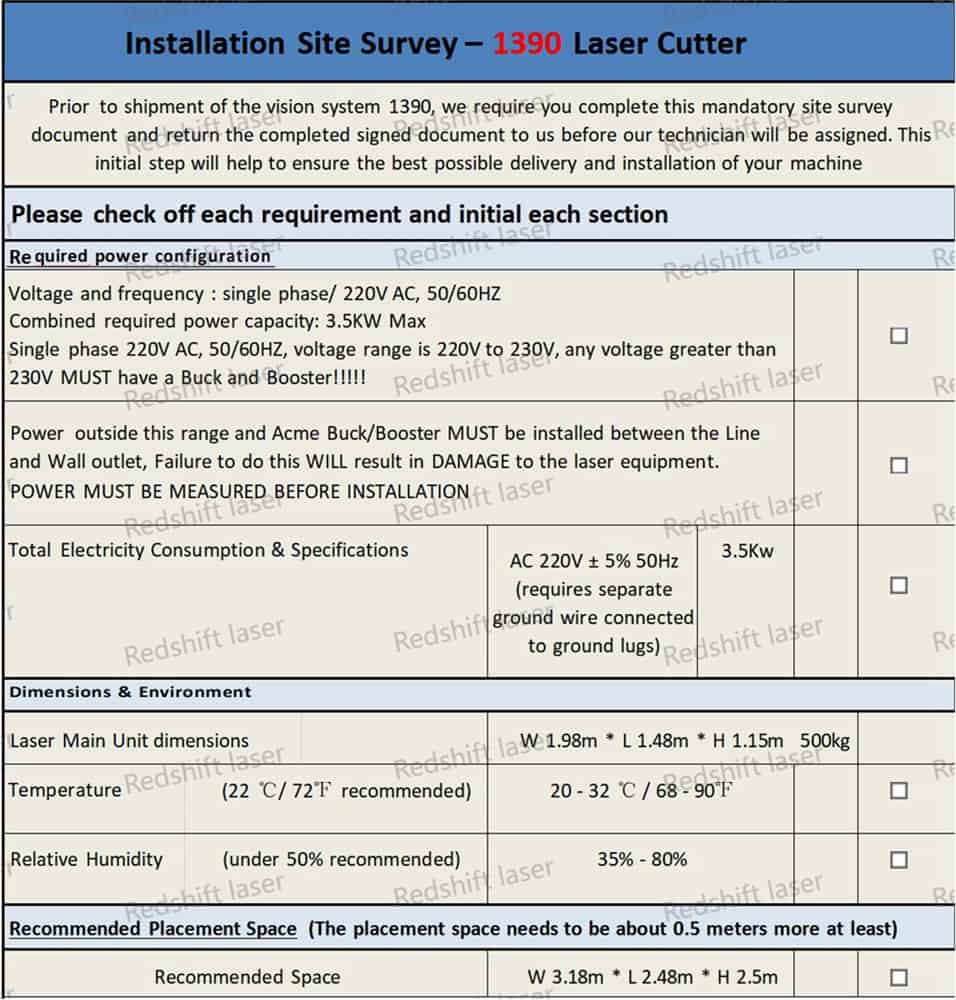 installation site survey 1390 laser cutter