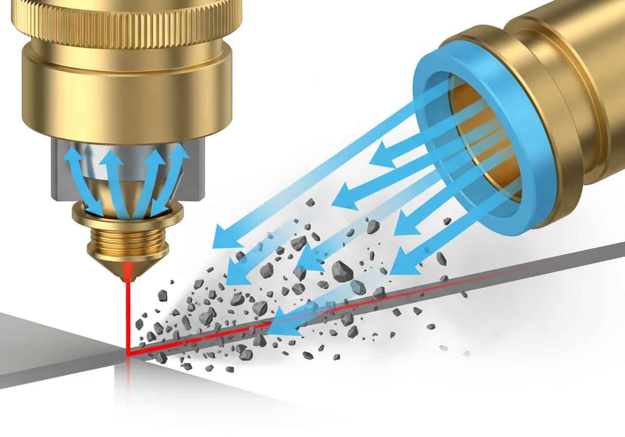 A diagram showing a laser nozzle with an arrow indicating a strong jet of air blowing debris away from the cut line