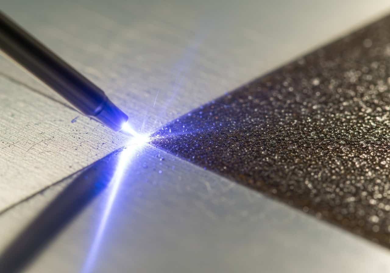 A side-by-side comparison image: on the left, a worker using messy chemical stripping; on the right, a clean, modern setup with an operator using a laser cleaner