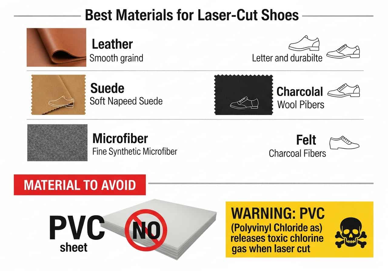 A display of material swatches suitable for laser cutting: natural leather, colorful felt, microfiber, and a swatch labeled "PVC FREE"