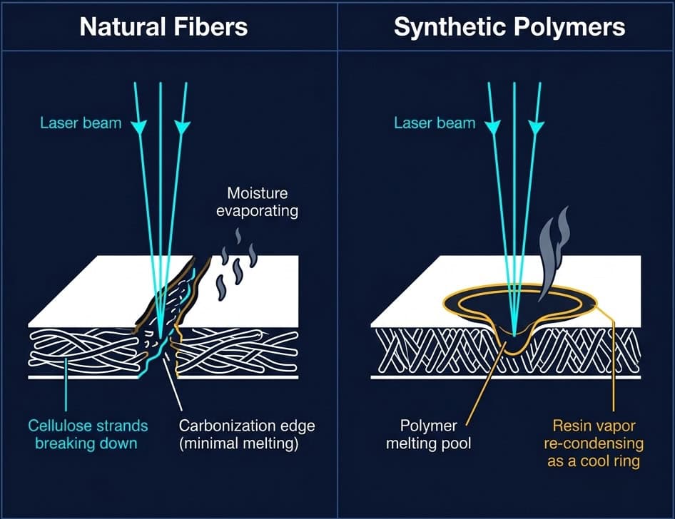 Microscopic thermal pyrolysis diagram comparing natural cellulose fibers vs synthetic polymers under CO2 laser