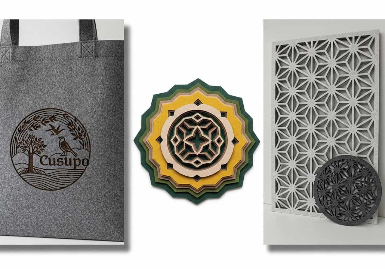A collage showing other laser-felt applications: an engraved logo on a bag, a multi-layer felt patch, and an architectural acoustic panel