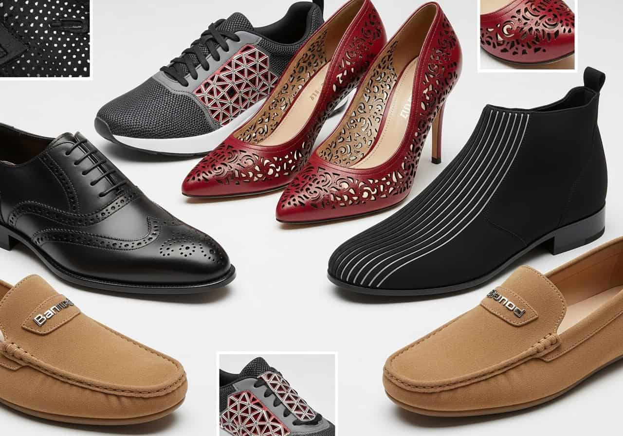 Montage of different laser-cut shoes, showing broguing on a dress shoe, geometric patterns on a sneaker, and a logo on a boot