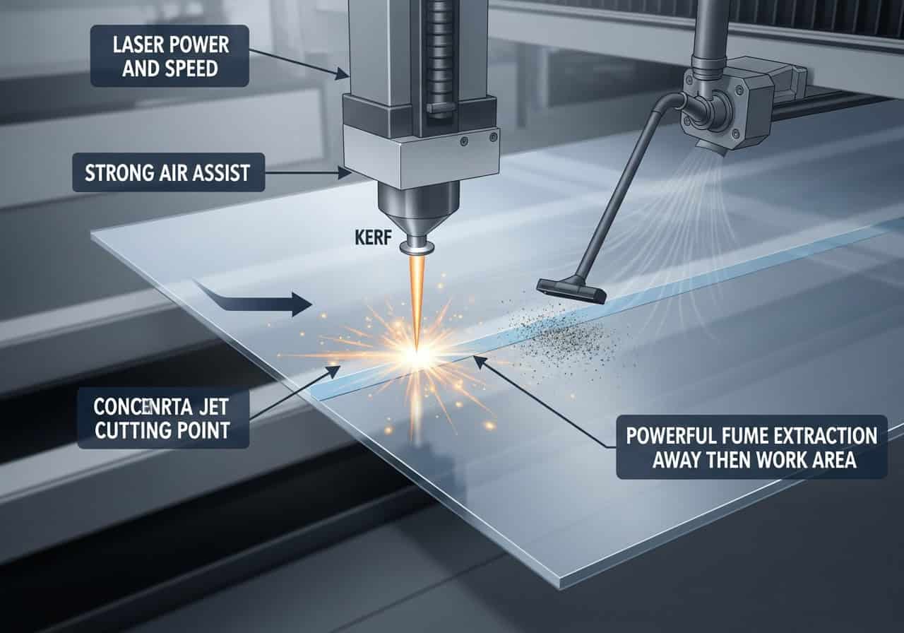 The nozzle of a laser cutter in action, showing the cone of air assist blowing away smoke from the cut line on polyester fabric.