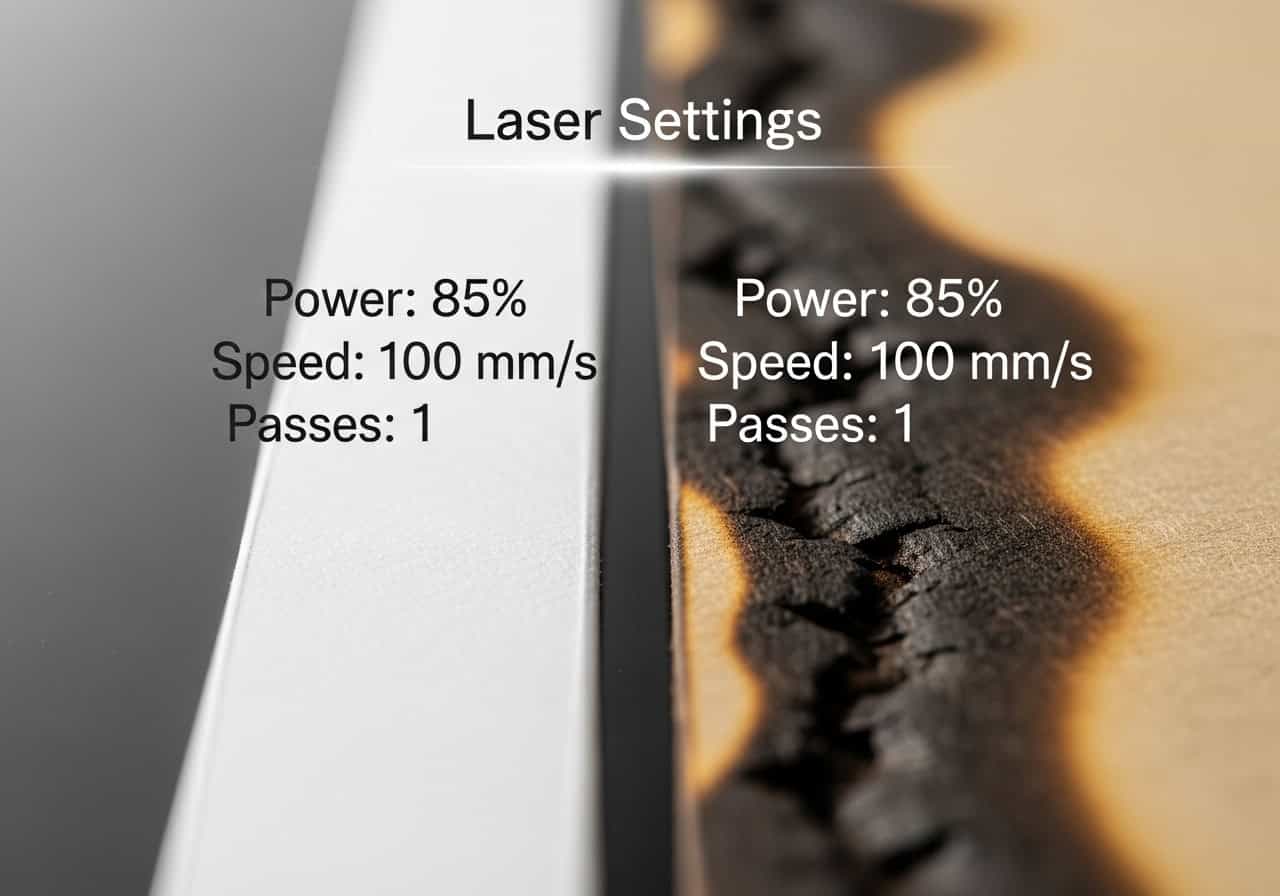 A close-up shot showing a clean, white paper edge next to a burnt, brown one, with laser settings overlaid