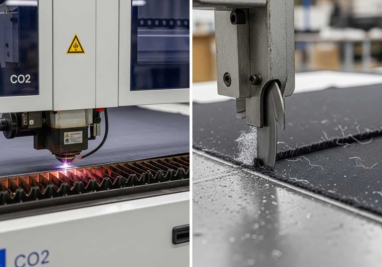 An image comparing three cut filter cloth samples: one from a laser (perfectly sealed), one from a die cutter (some fraying), and one from a knife (significant fraying)